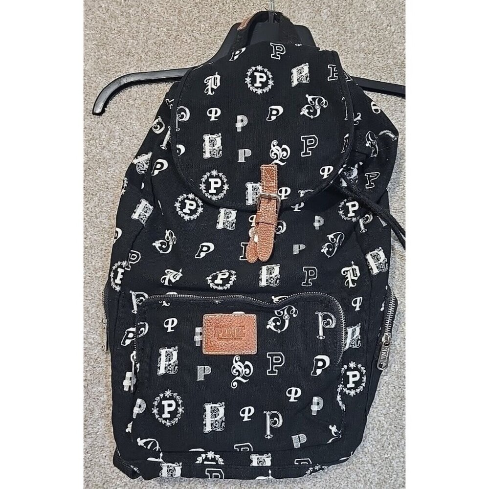 Victoria’s Secret Pink Backpack Black Canvas School College Prep All Over Print